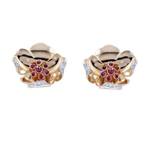 Retro Flower Ruby Diamond Ear Clips