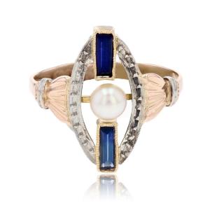 Art Deco Sapphire Pearl 2 Gold Ring