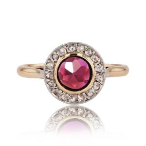 Antique Garnet And Round Diamond Ring