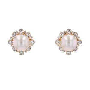 Akoya Pearl Diamond Earrings Yellow Gold