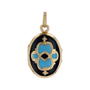 Old Medallion In Black And Turquoise Enamel Gold