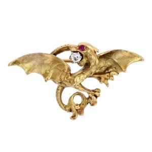 Antique Diamond And Ruby Chimera Brooch