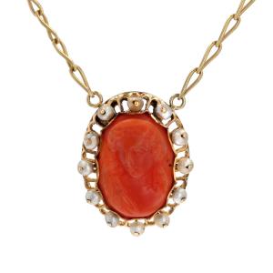 Antique Yellow Gold Cameo Coral And Fine Pearl Necklace