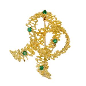 Retro Yellow Gold Emerald Knot Brooch