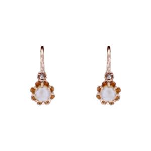 Small Antique Sleeper Earrings With Fine Pearls And Diamonds