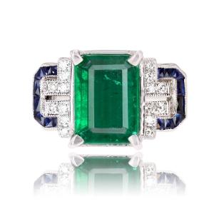 Art Deco Style Emerald, Diamond And Sapphire Ring