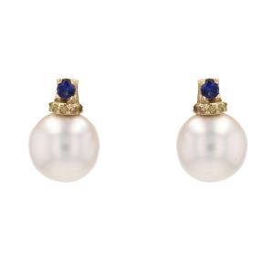 Cultured Pearl, Sapphire And Yellow Diamond Earrings