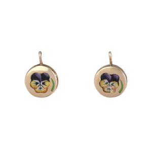 Antique Enamelled Pansy Sleeper Earrings