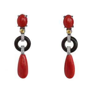 Coral, Onyx, White And Yellow Diamond Earrings
