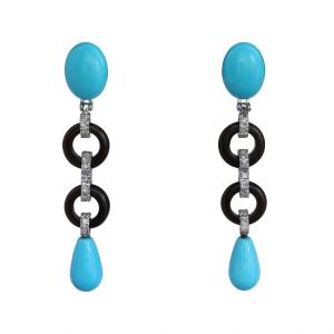 Turquoise, Onyx And Diamond Drop Earrings