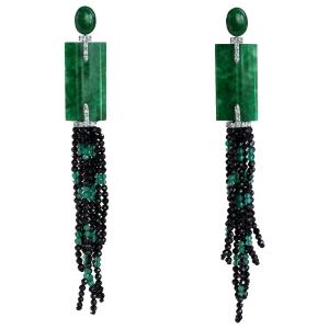 Jade, Diamond, Black Spinel And Emerald Earrings