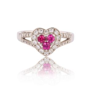 Heart Ring With Rubies, Diamonds, And White Gold