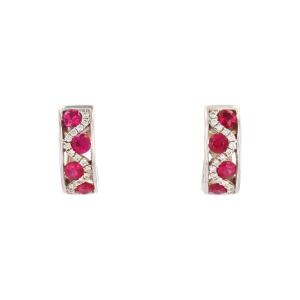 White Gold, Ruby, And Diamond Hoop Earrings