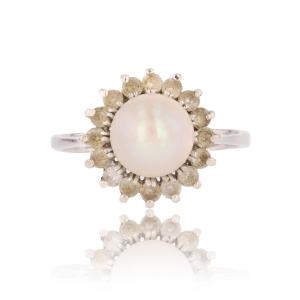 Daisy Ring With Pearl, White Sapphires, And White Gold