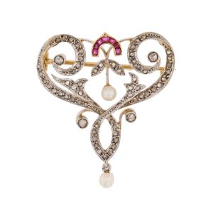 Art Nouveau Brooch/pendant With Diamonds, Pearls, And Rubies