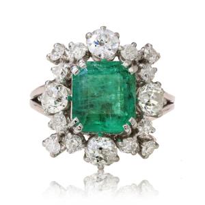 Vintage Emerald And Diamond Ring In White Gold