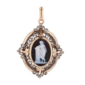 Antique Cameo Brooch Pendant With Rose-cut Diamonds