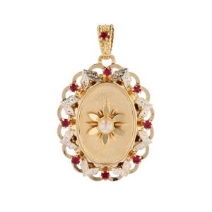 Vintage Cultured Pearl Pendant Synthetic Ruby