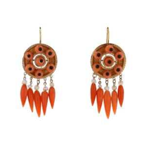 Antique Coral Onyx Pearl Earrings