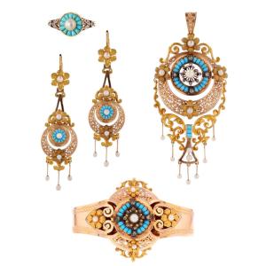 Antique Turquoise, Pearls And Diamonds Set