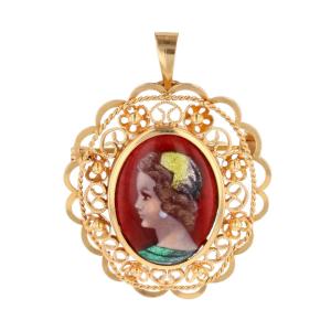 Vintage Limoges Enamel Yellow Gold Pendant Brooch