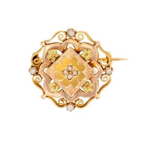 Antique Gold Neck Brooch With Diamonds And Pearls