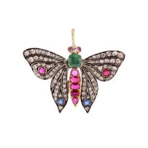 Antique Diamond Emerald Ruby Sapphire Butterfly Pendant