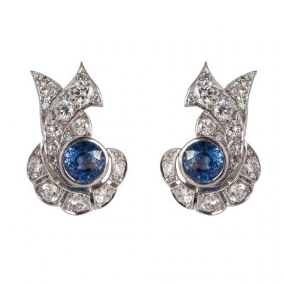 Earrings Art Deco Sapphire Diamonds