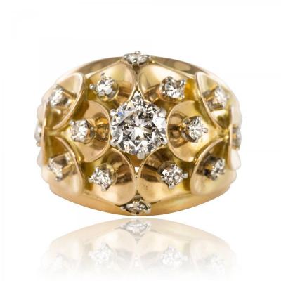 1950s Retro Diamond 18 Karat Yellow Gold Scale Dome Ring