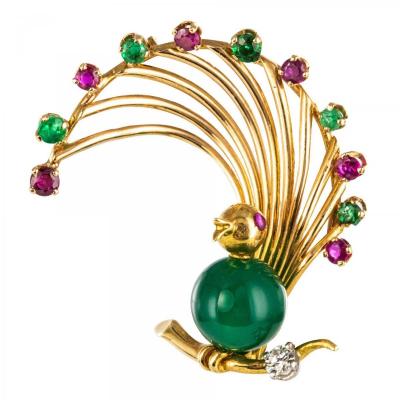 Vintage Brooch Bird Ruby Emerald Chrysoprase And Diamond