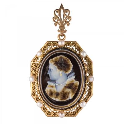 Pendant - Aucoc Brooch Cameo Old And Its Pearls