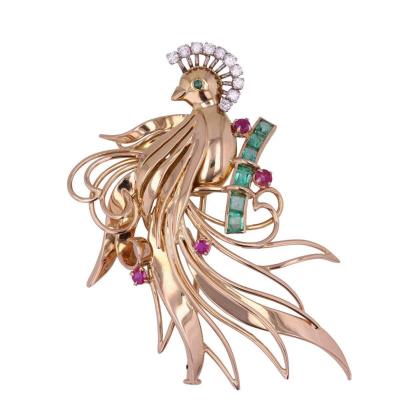 Vintage Brooch Bird Of Paradise Diamonds Emeralds Ruby