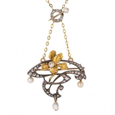 Art Nouveau Pendant - Brooch Diamonds And Pearls - Reference 00-135