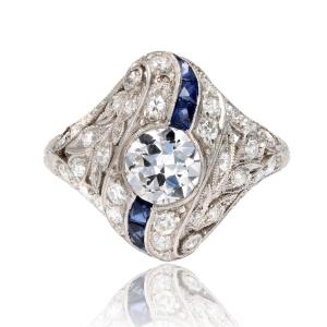 Art Deco Diamonds Calibrated Sapphires Ring
