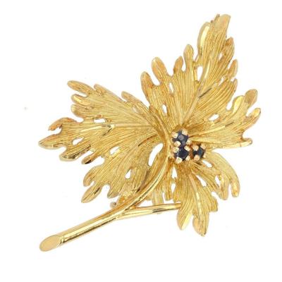 Sapphire Leaf Gold Brooch