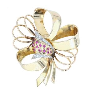 Old Vintage Knot Brooch Ruby Diamonds
