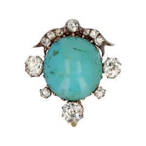 Old Turquoise And Diamond Clip Brooch