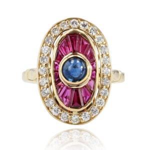Ruby Sapphire Diamond Art Deco Style Ring
