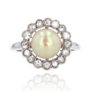 Old Fine Gold And Diamond Pearl Ring