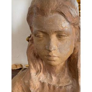 Sculpture Portrait Of Young Woman In Terracotta Signed Harald Isenstein