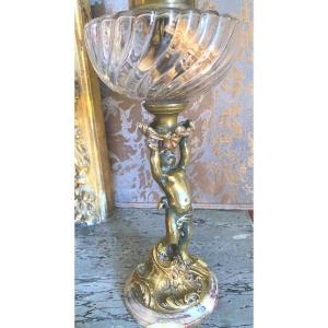 Putto In Bronze On Breche Des Pynenees Base Holding A Twisted Crystal Lamp Globe
