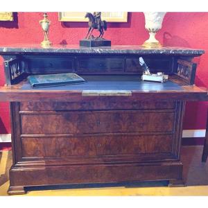 Commode Secretary Early XIXth Flamed Mahogany In Butterfly Wings On Oak Frame