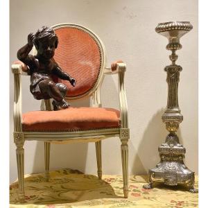 Louis XVI Period Altar Candlestick In Bronze  Silvered  On Tripod Base Griffons Feet