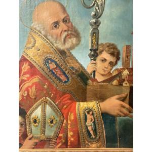 Tableau d'Un Saint Evêque  Avec Des Anges Du XVIII ème   Tenant Un  projet  de construction  De Ville Fortifiée  