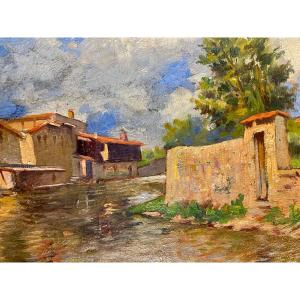 Painting  Of A Village Period  19 Eme   Century   Monogram  C.p   Attibué à Pissaro