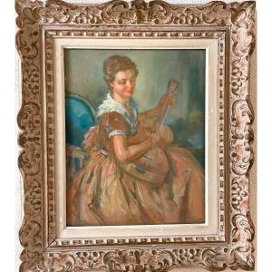 Figurative Prtraitoil On Cardboard Young Person With Guitar Signed Robert Lepeltier 1913- 1900