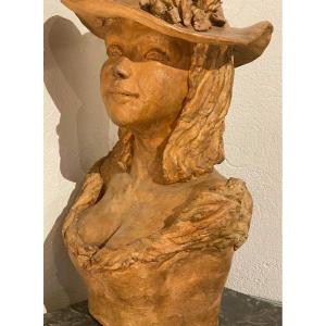 Terracotta Sculpture Of A Young Girl With A Flowered Hat In Attributed To Renoir-guino