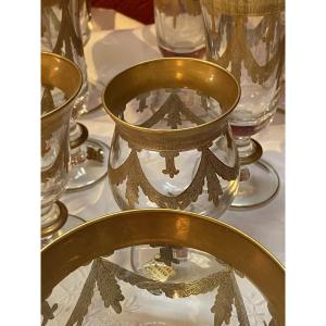 Murano Crystal 30 Glasses 2 Wine Carafes 1 Water Carafe Gold Leaf Decor Mint Condition