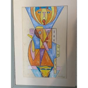 Abstract Gouaché Drawing On Paper 20th Century Signed Survage