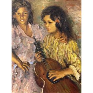 Hst Impressionist Painting Of Two Young Gypsy Women Signed Dyf
